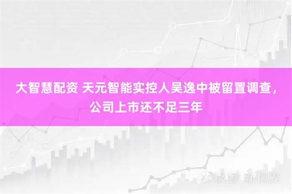 大智慧配资 天元智能实控人吴逸中被留置调查，公司上市还不足三年